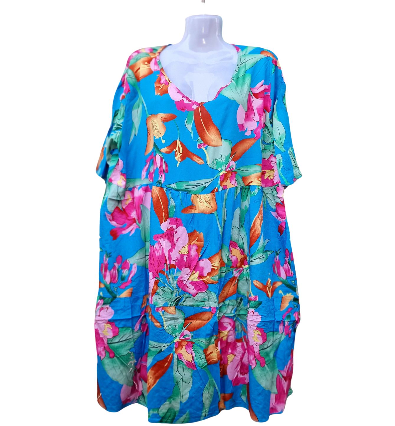 Rochie midi inflorata cu volane turcuaz