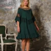 Rochie eleganta cu dantela si volane verde petrol