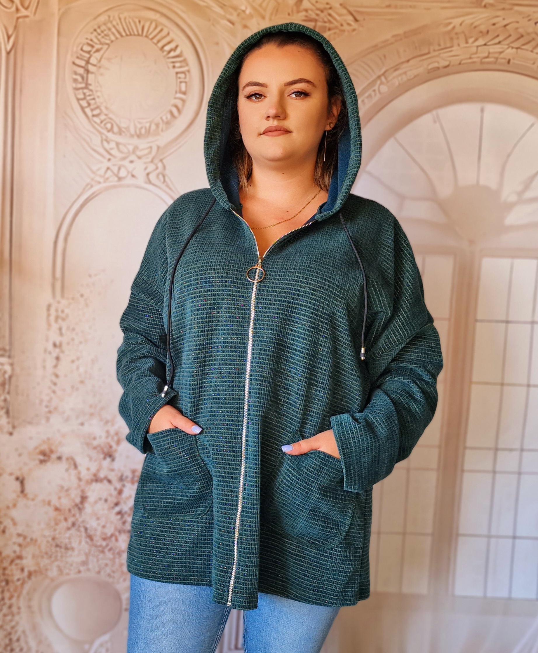 Hanorac marime mare cu buzunare verde petrol