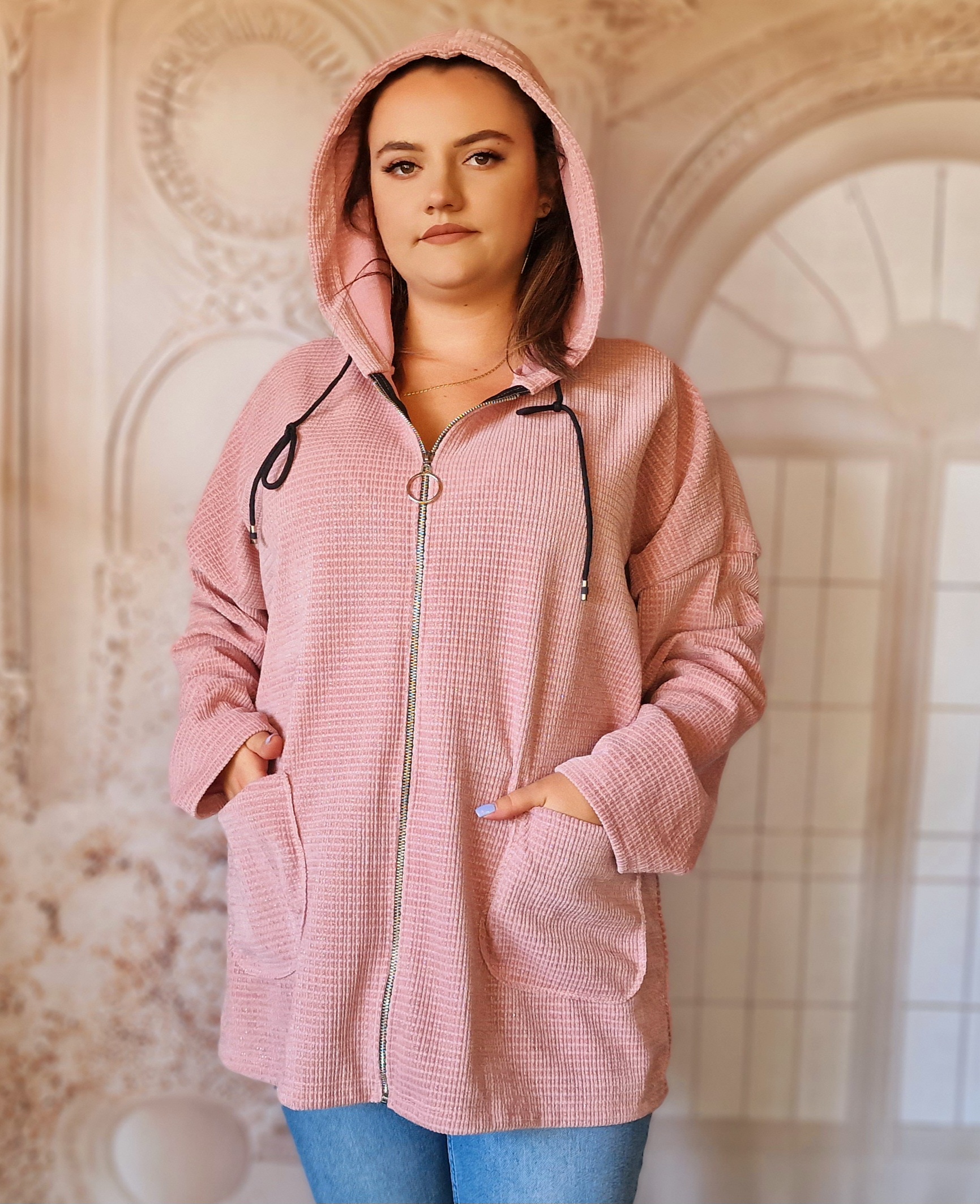 Hanorac marime mare cu buzunare roz