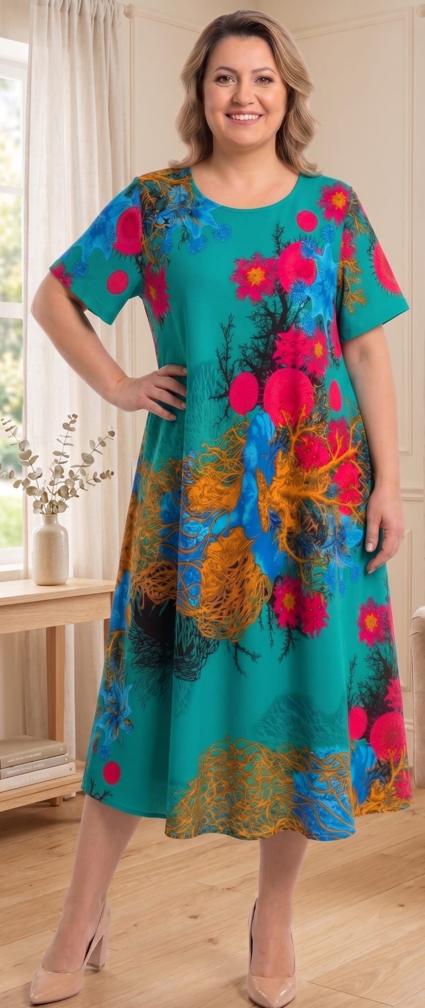 Rochie marime mare verde imprimeu abstract