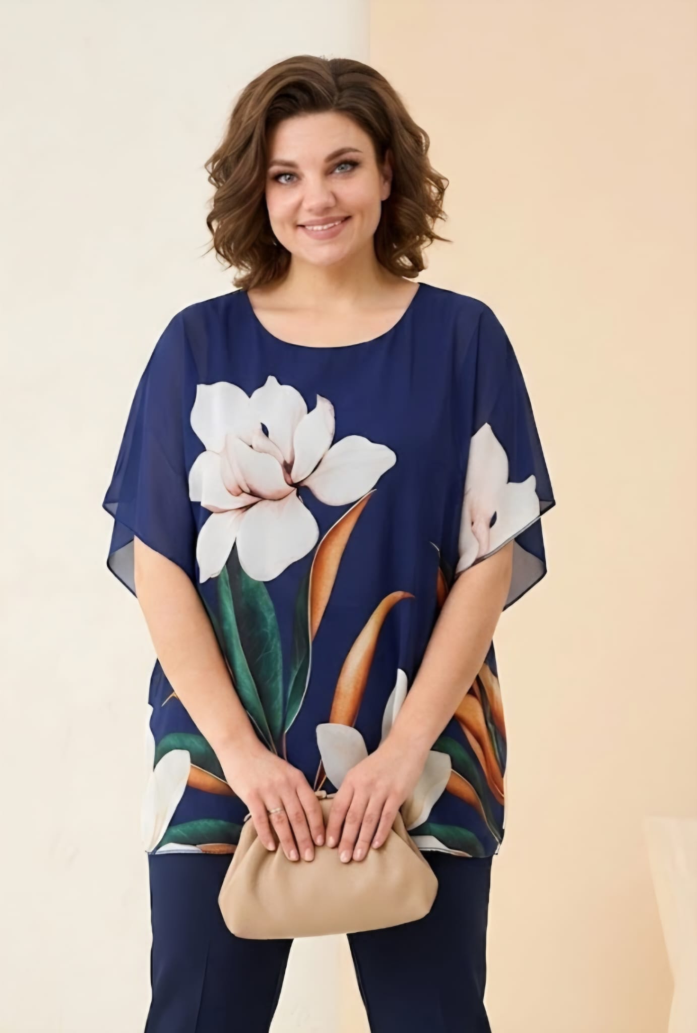 Bluza bleumarin eleganta oversize cu nuferi