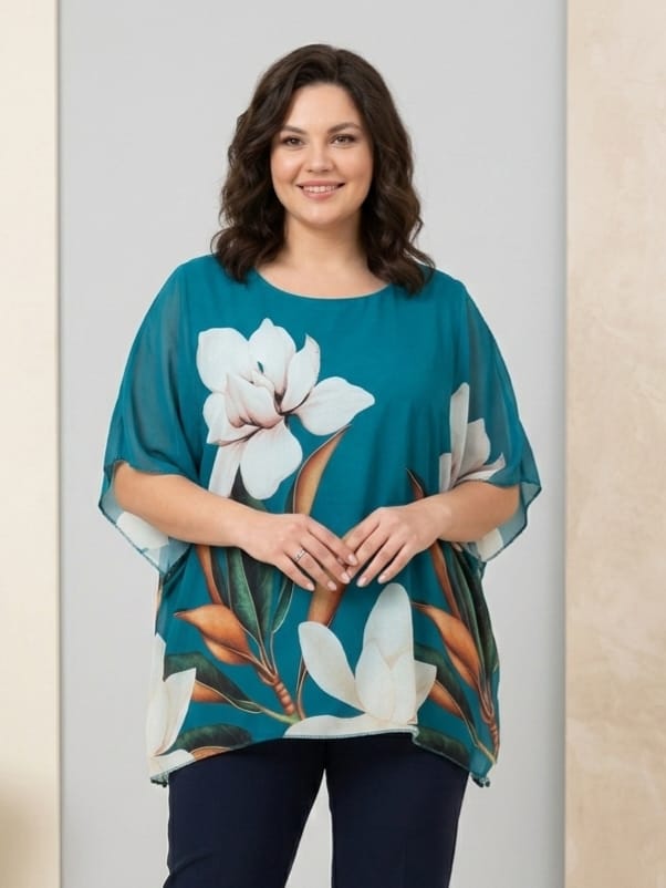 Bluza turcuaz eleganta oversize cu nuferi