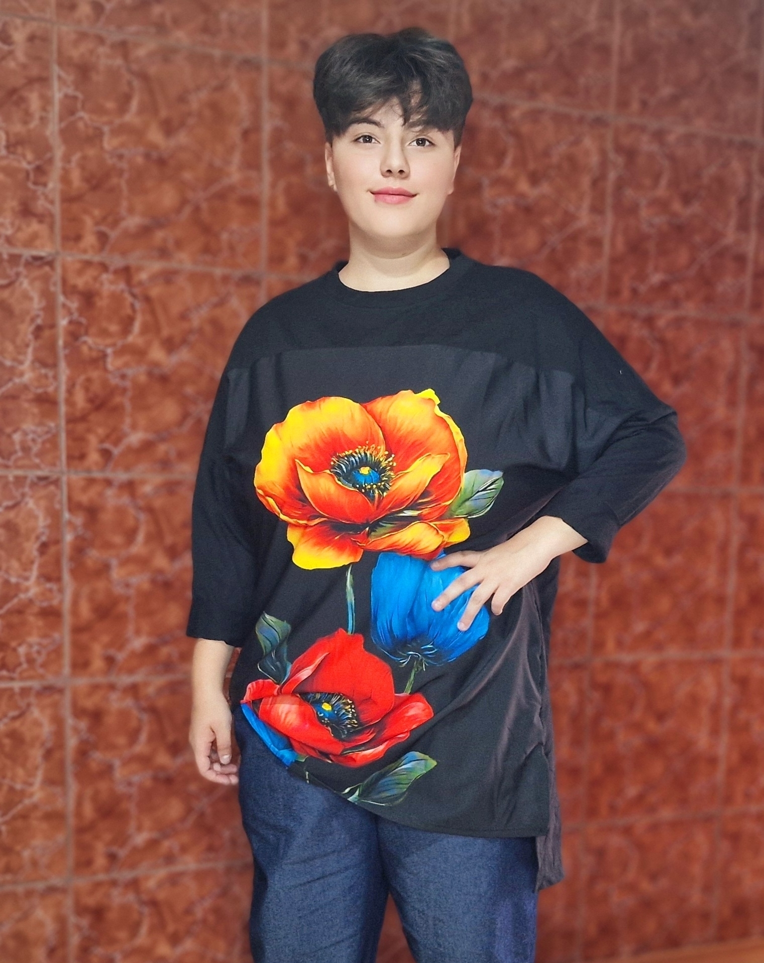 Bluza elegantă lungă cu imprimeu floral