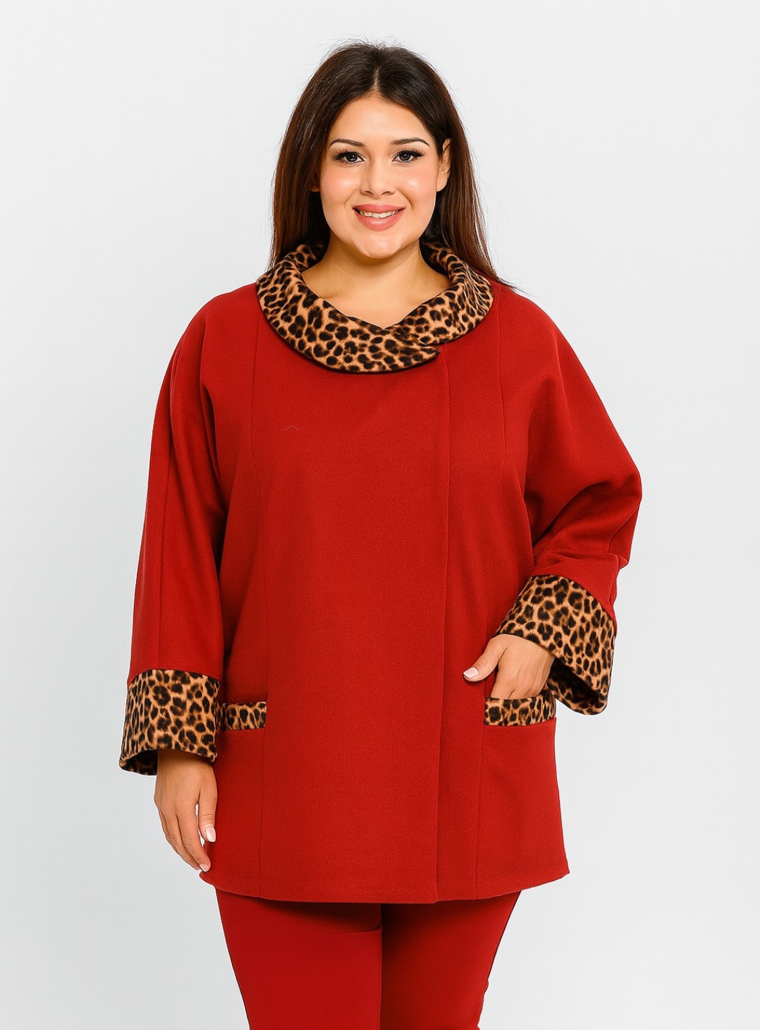 Palton mărimi mari rosu lejer Leopard