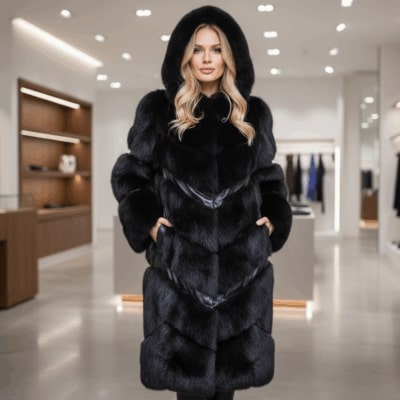 Haină lungă blană cu inserții piele