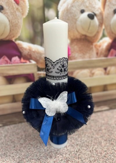 Lumanare botez eleganta fluture tull bleumarin