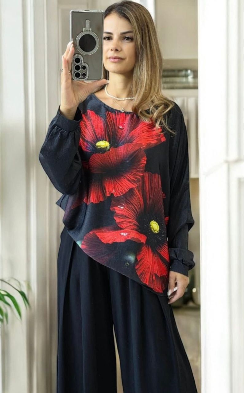 Bluza satinata dama eleganta imprimeu maci rosii