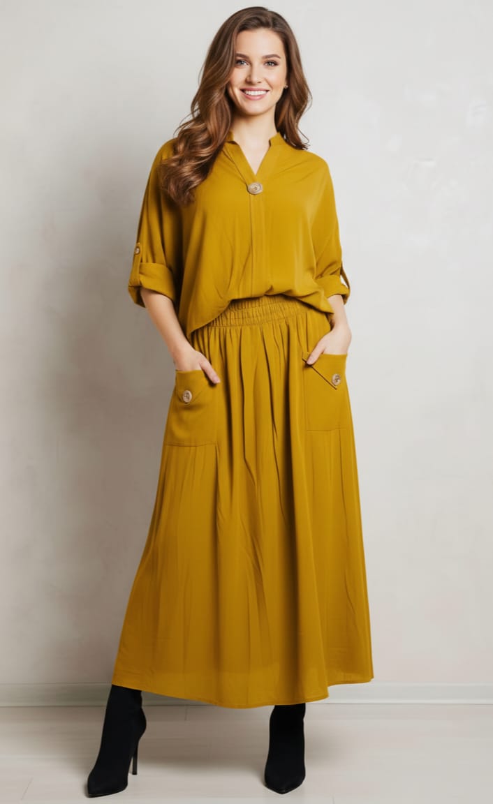 Compleu elegant damă fustă lungă mustar