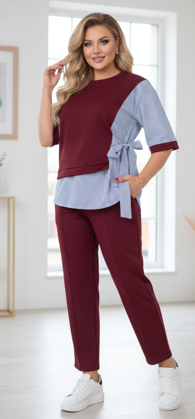 Compleu casual elegant grena accente albastre