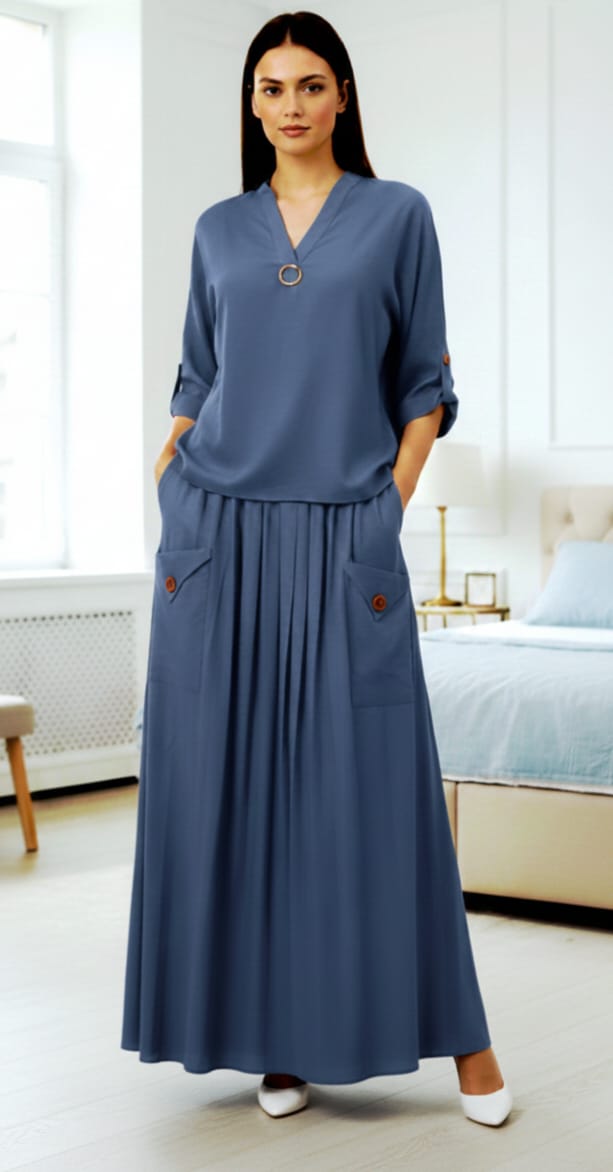 Compleu elegant damă fustă lungă albastru