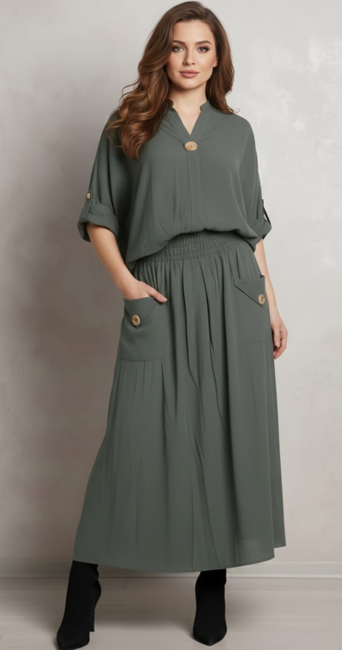 Compleu elegant damă fustă lungă kaki