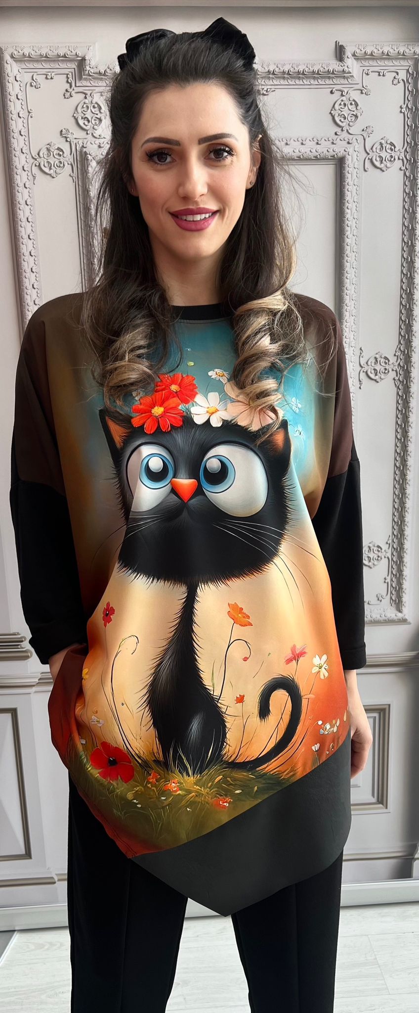 Bluza dama asimetrica imprimeu pisica cocheta