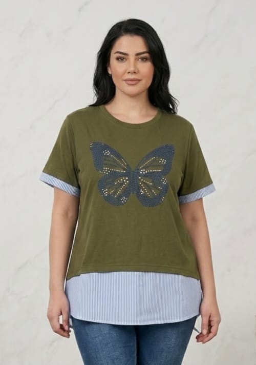 Tricou dama lejer model fluture kaki