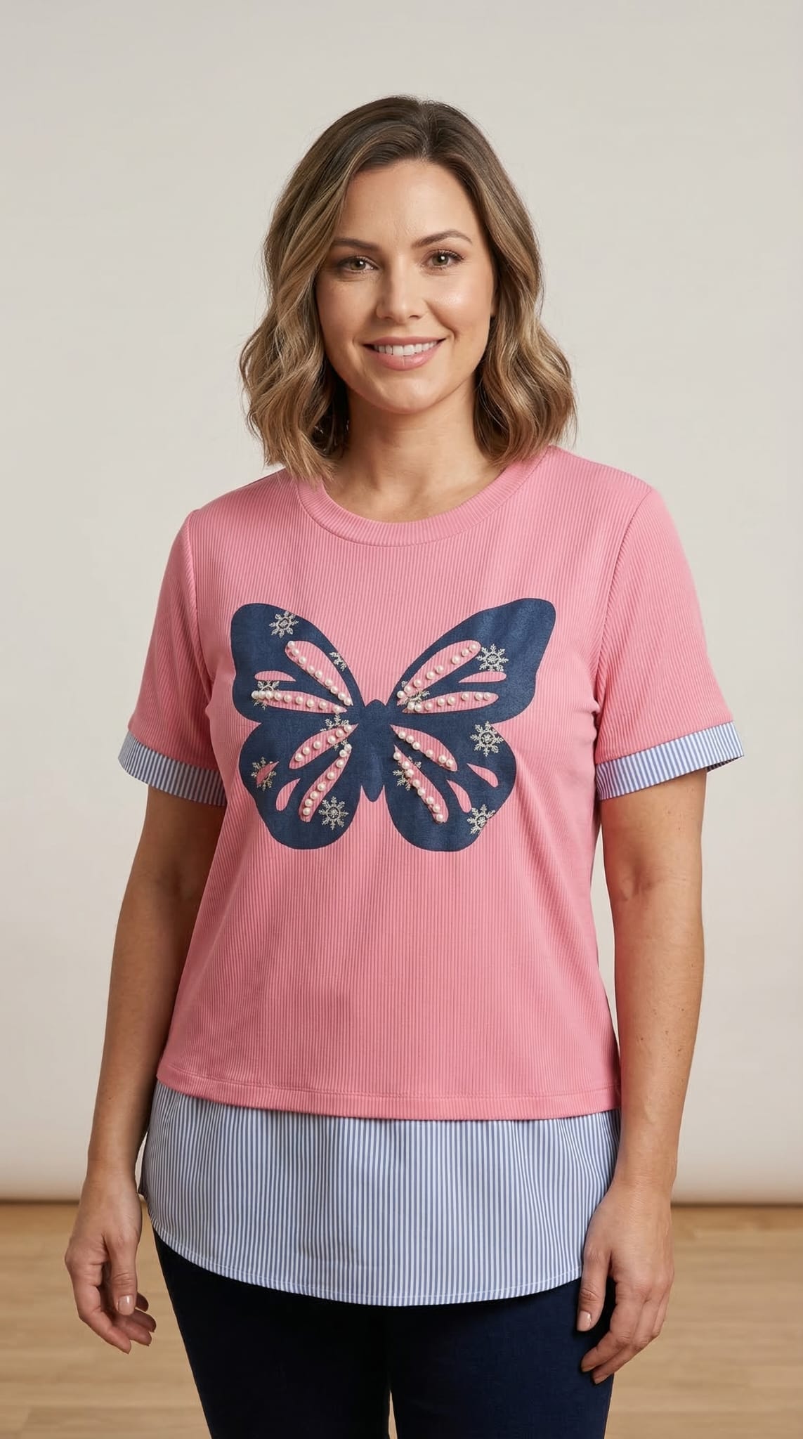 Tricou dama lejer model fluture roz