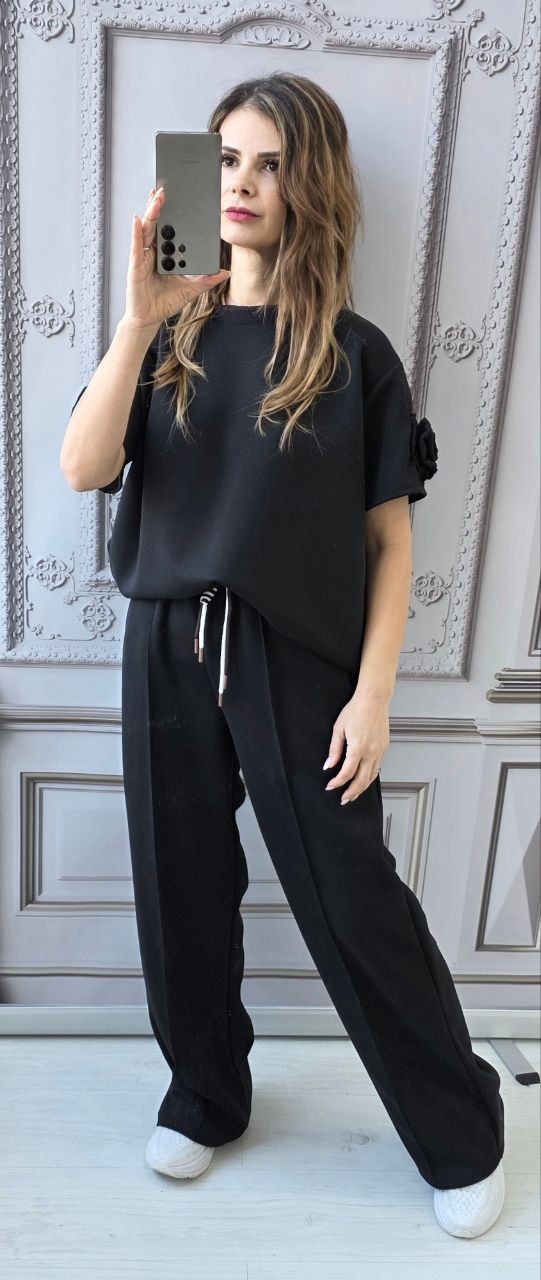 Compleu dama maneca scurta floare negru