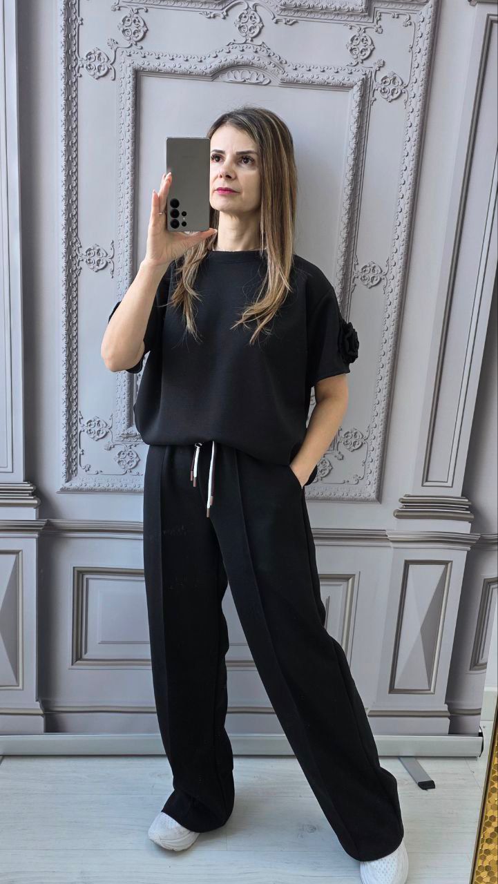 Compleu dama maneca scurta floare negru