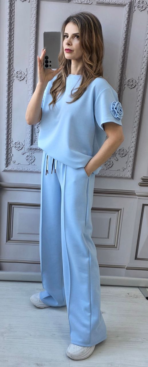 Compleu dama maneca scurta floare bleu