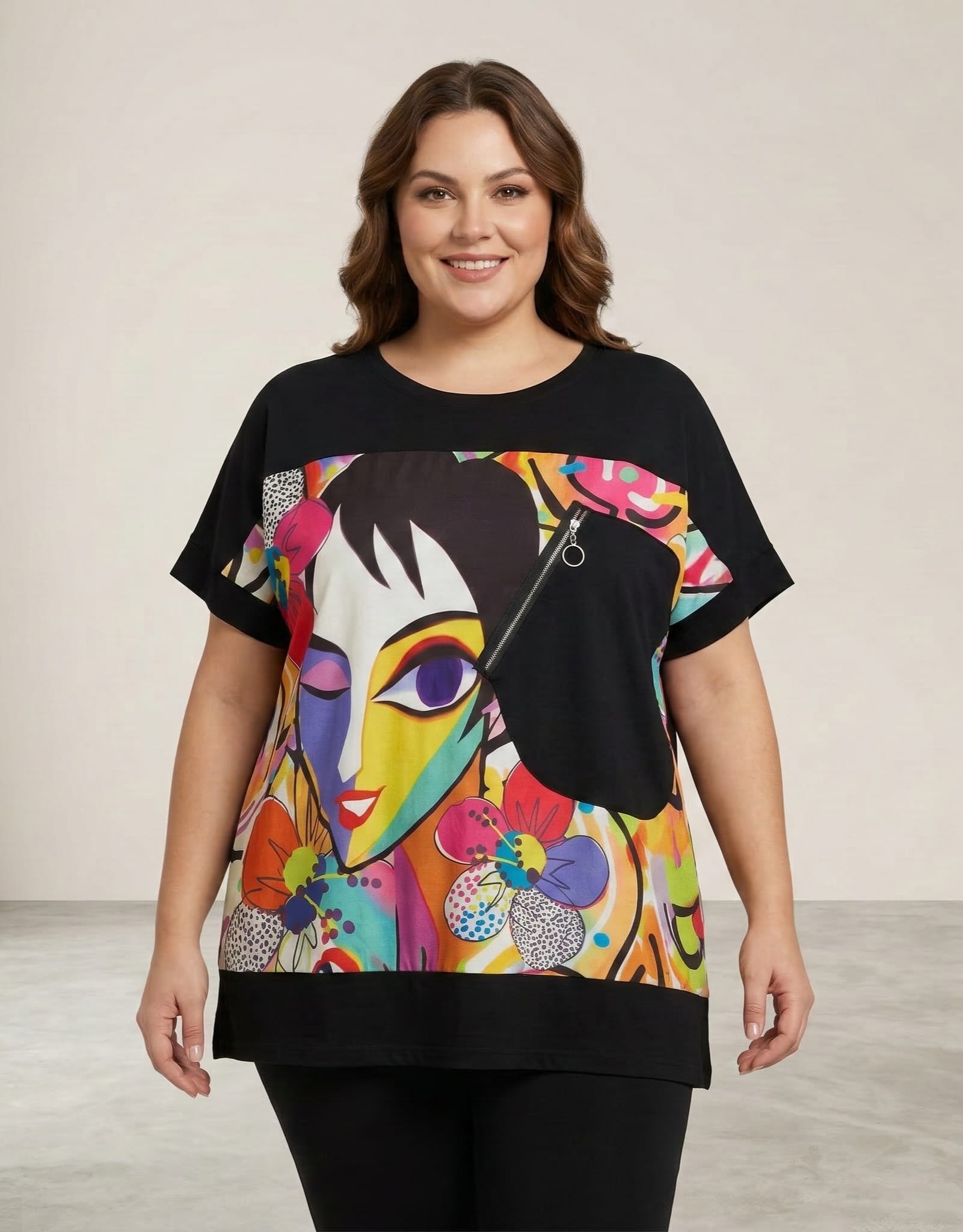 Tricou supradimensional dama negru imprimeu women