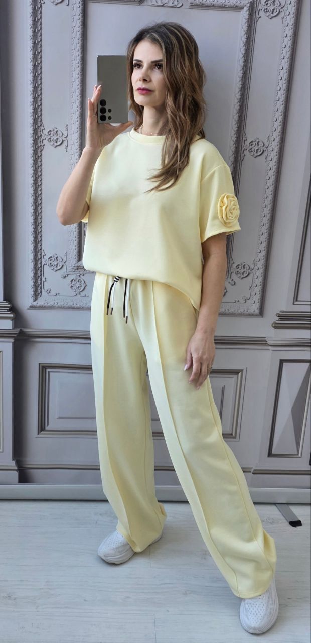 Compleu dama maneca scurta floare galben