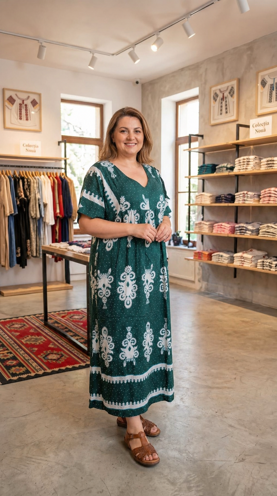 Rochie vaporoasa verde inchis elegant pietricele