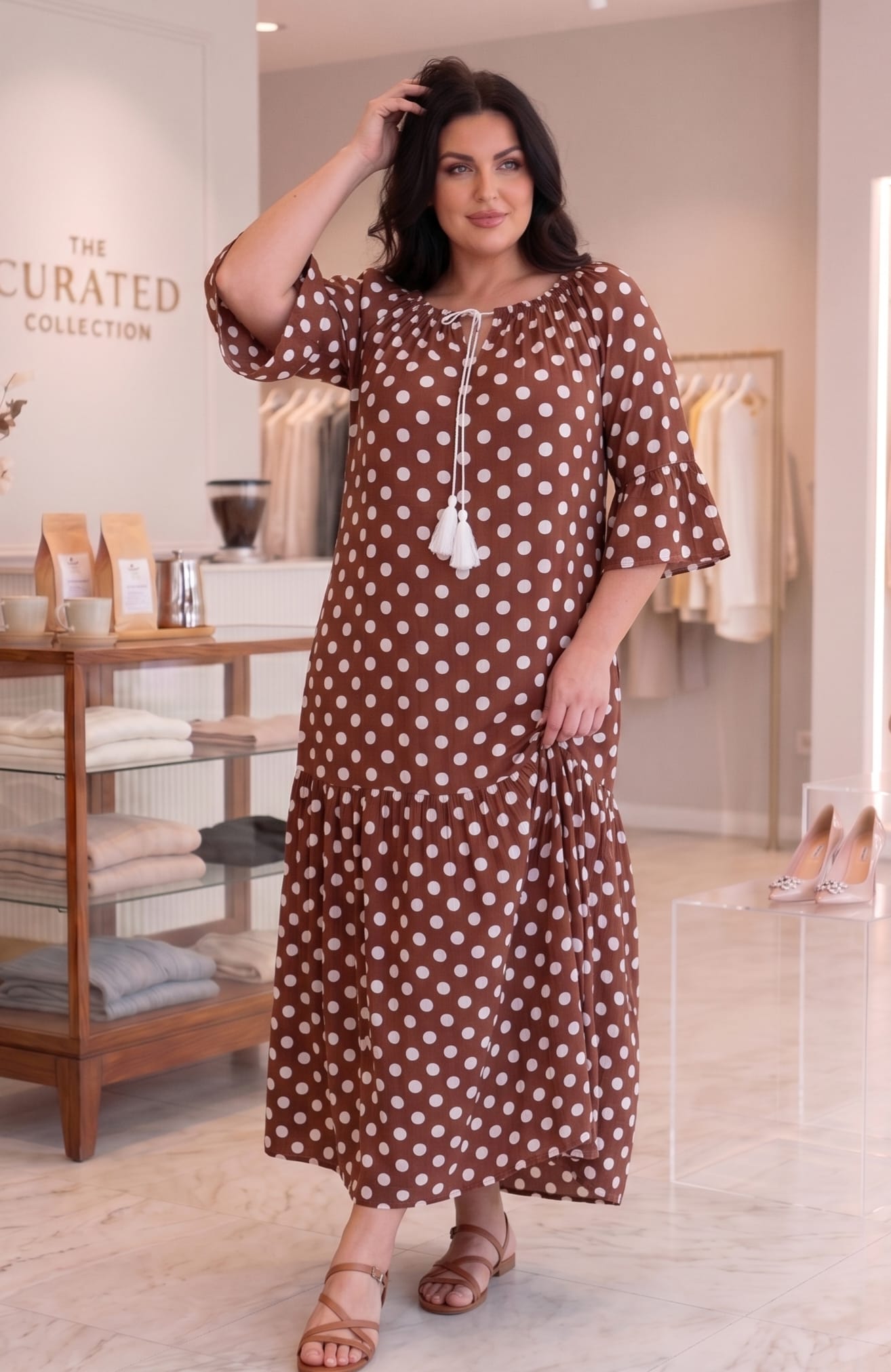 Rochie lunga cu buline maro lejera