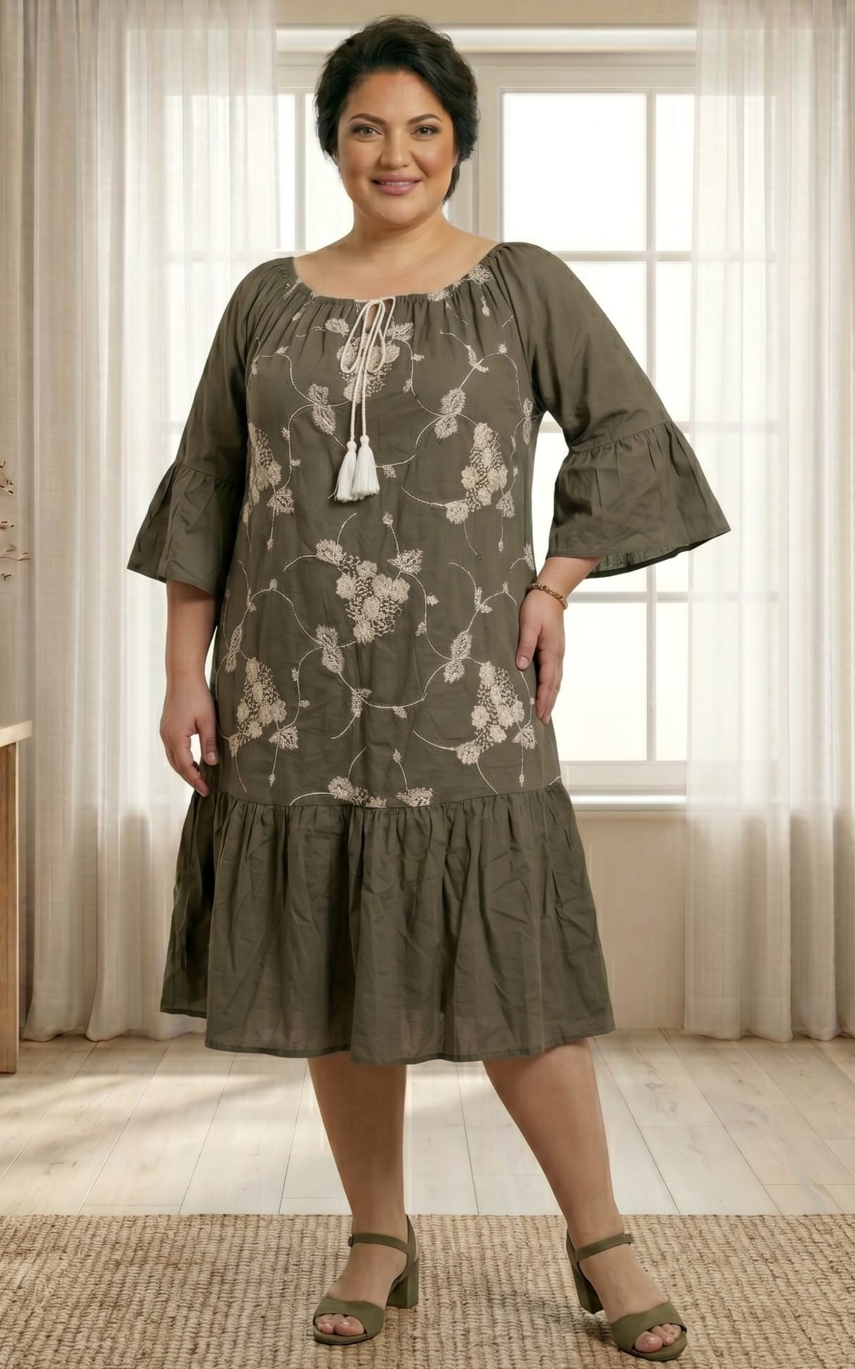 Rochii marimi mari broderie florală kaki