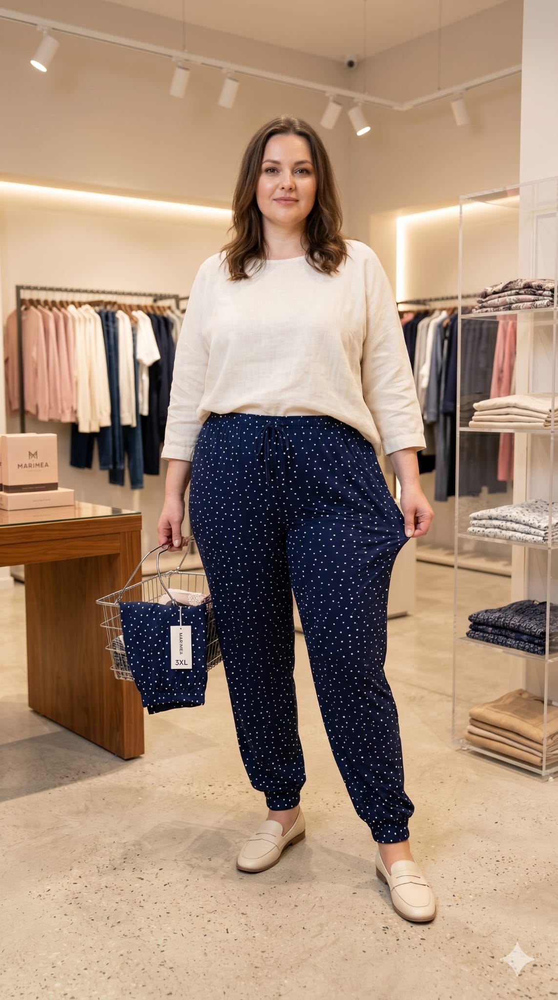 Pantaloni comozi damă 1+1gratis buline bleumarin