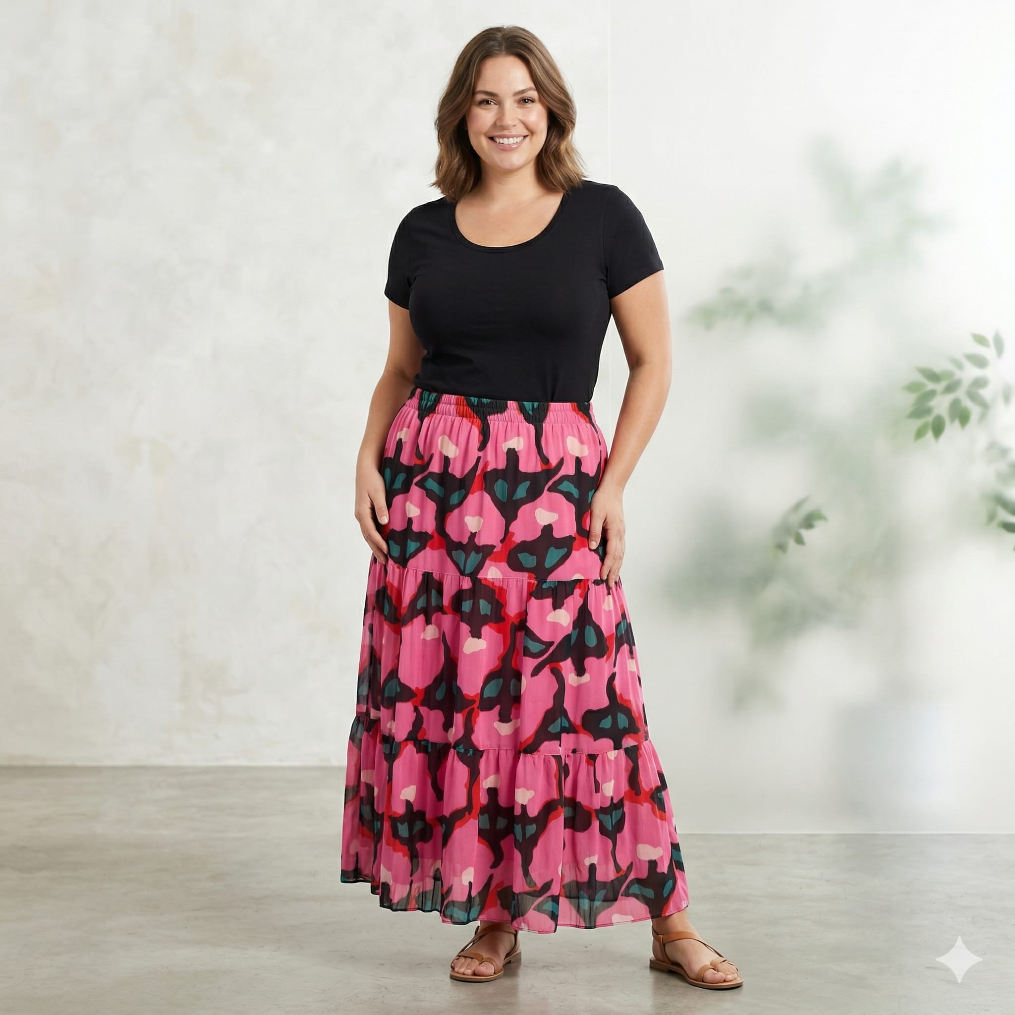 Fustă voal imprimeu abstract negru roz