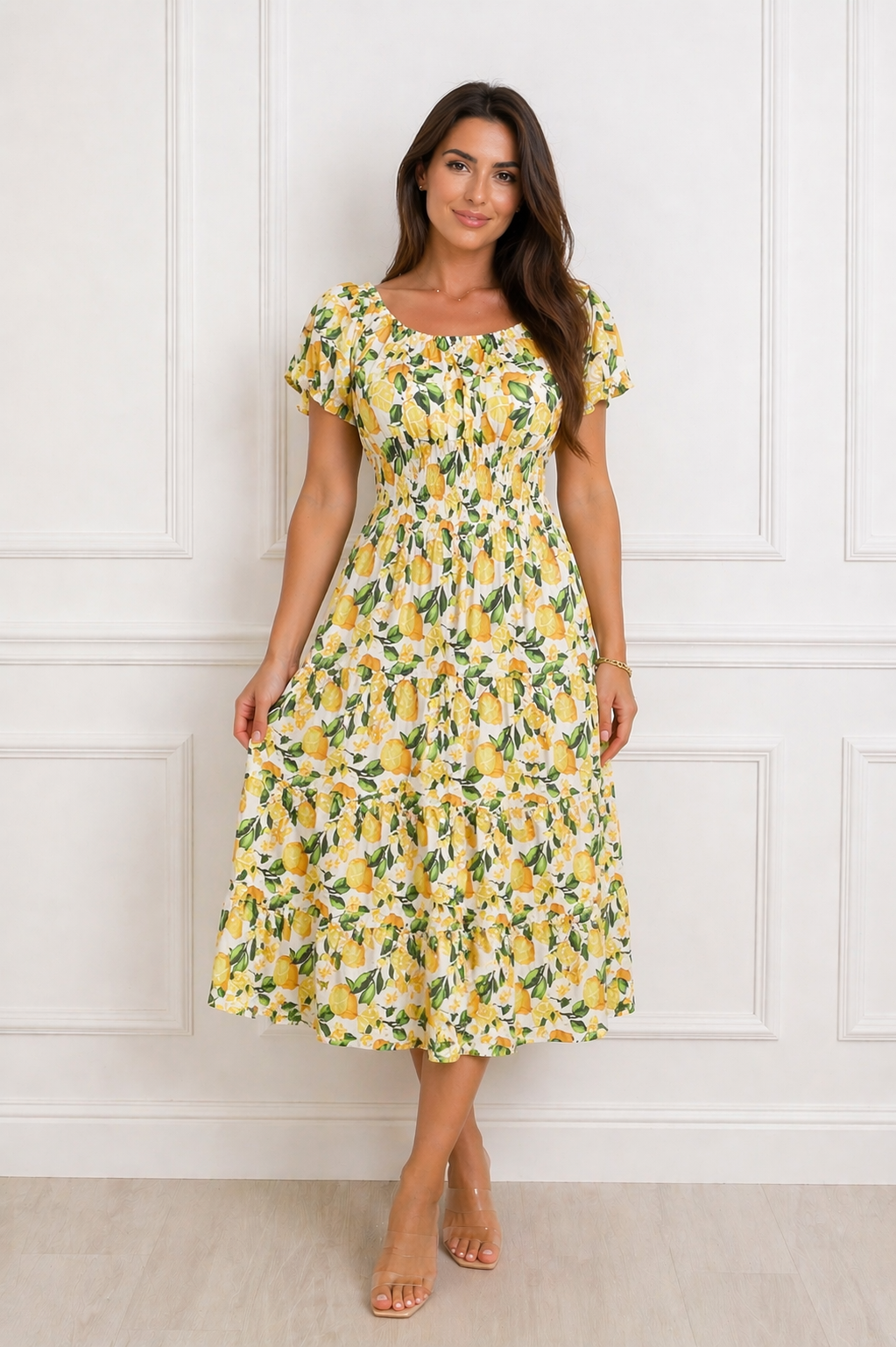Rochie midi dama lejera imprimeu lemon