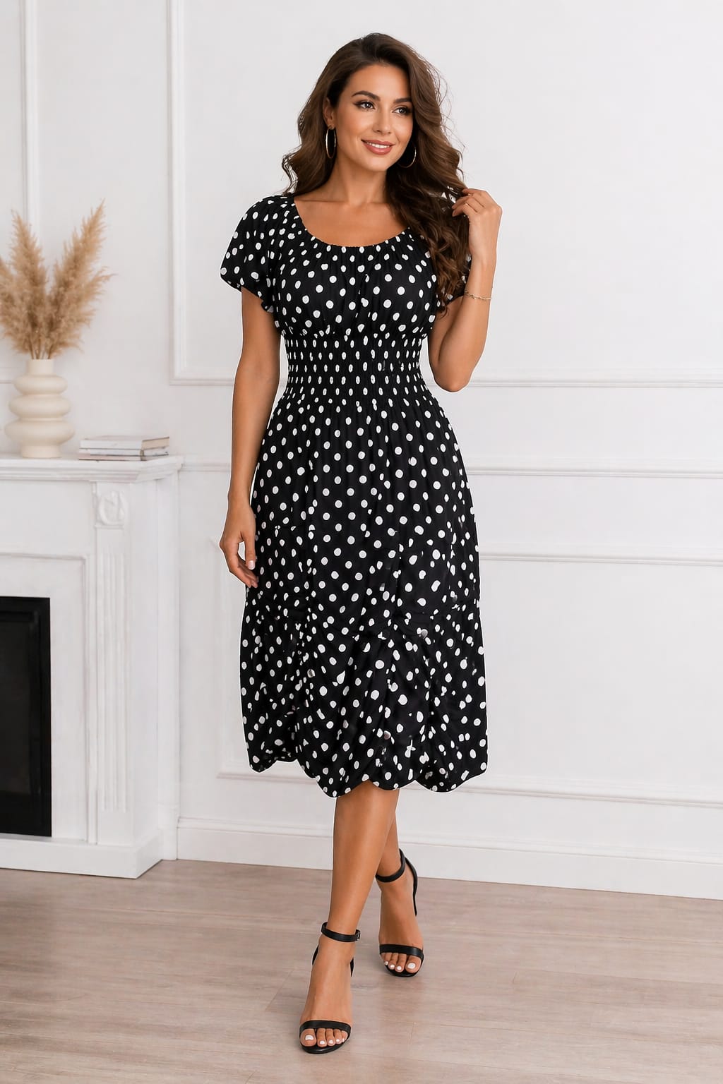 Rochie lejera dama negru buline albe