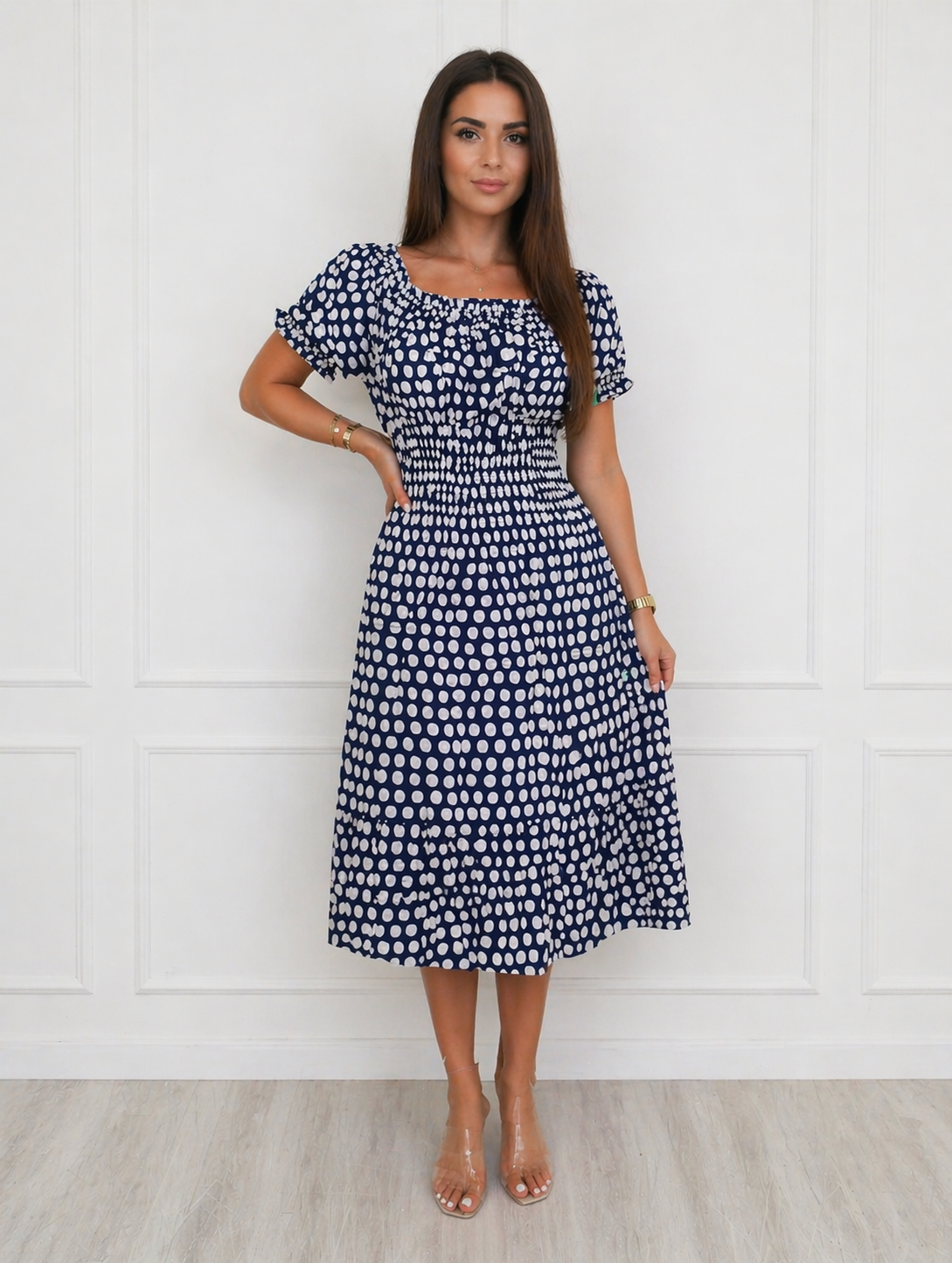 Rochie lejera dama bleu buline albe