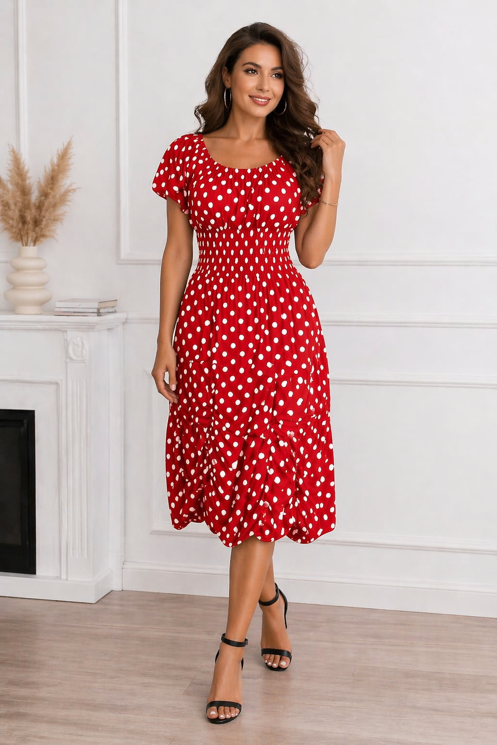 Rochie lejera dama rosu imprimeu buline