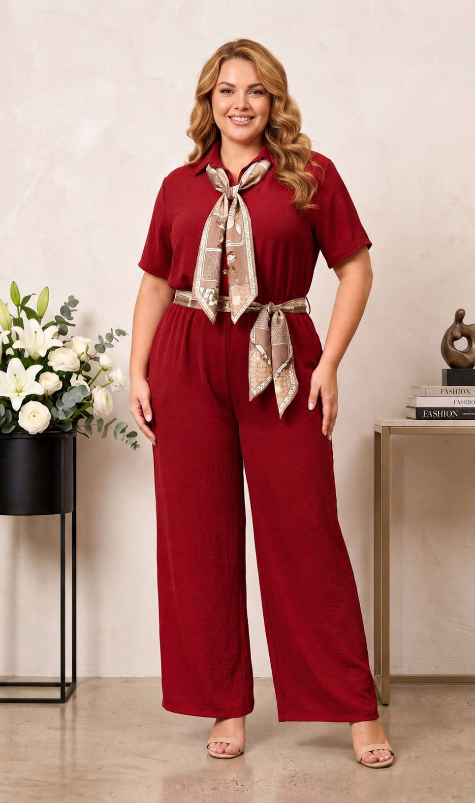 Compleu elegant dama cu doua esarfe rosu