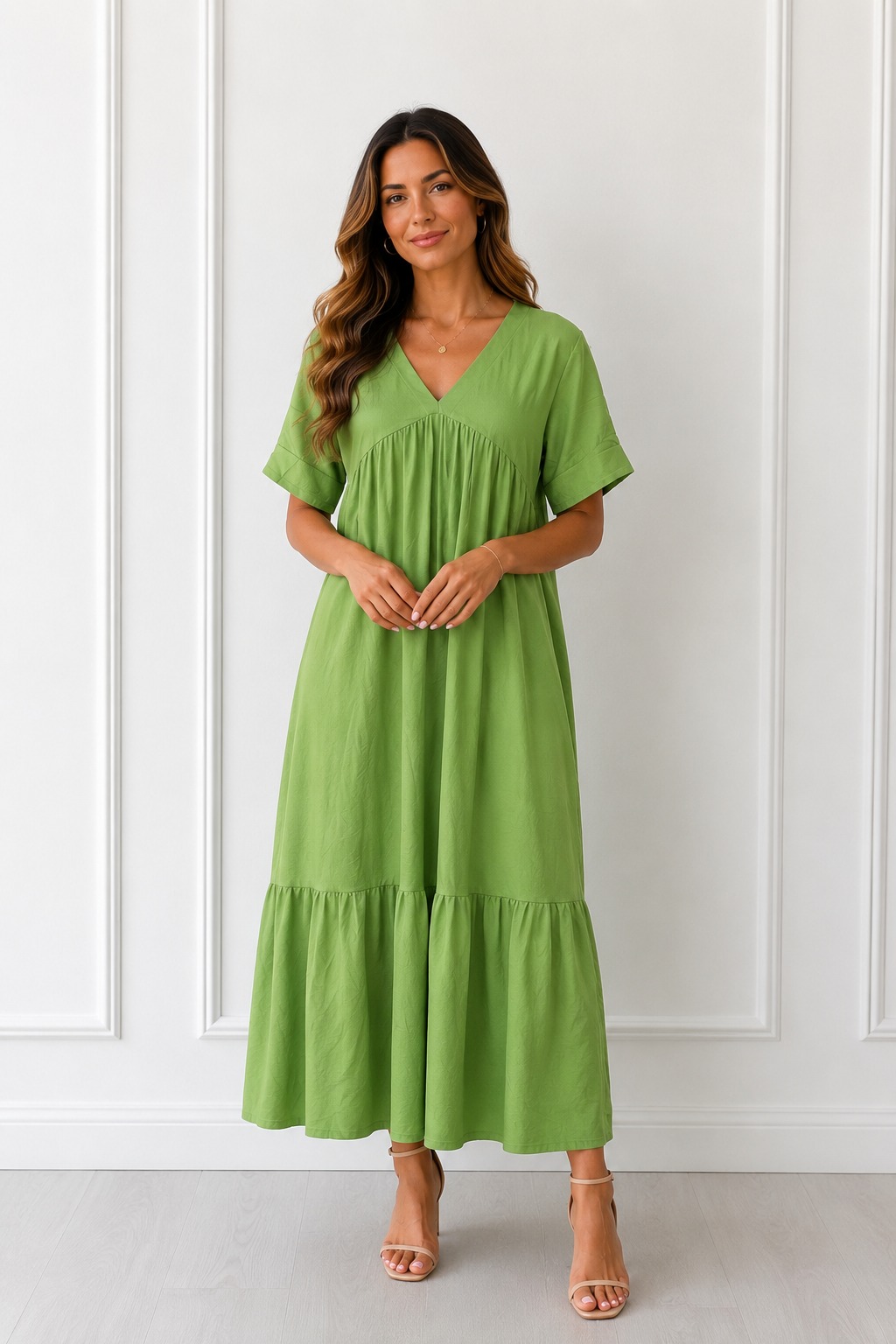 Rochie vaporoasa verde fistic eleganță rafinată